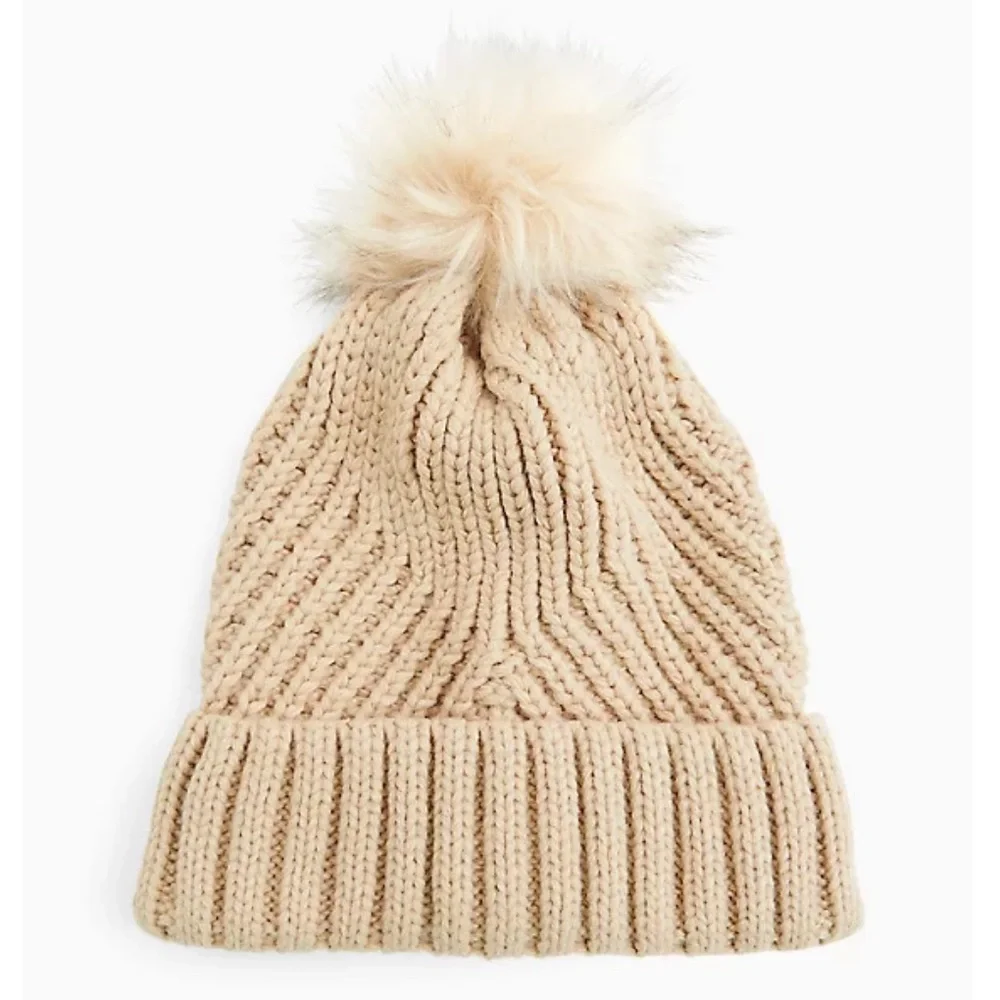 BEIGE RIB POM-POM BEANIE - Picture 1 of 3